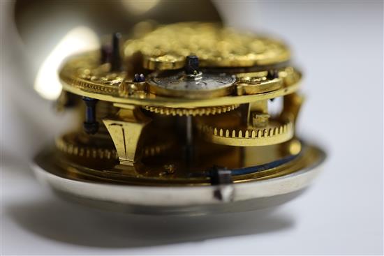 Michael Knight, London, an 18th century silver pair-cased keywind verge pocket watch with silvered Roman dial,